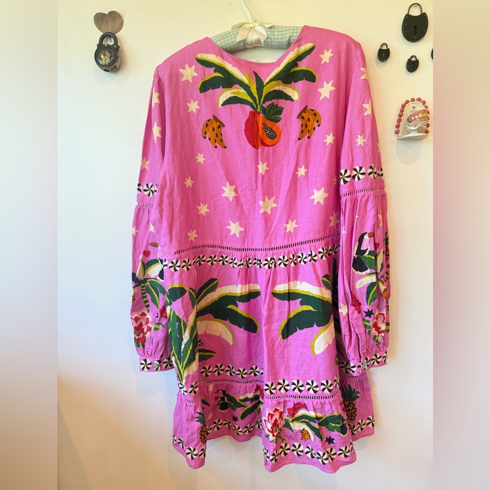 FARM Rio Pink Leopard Forest Mini Dress Beaded babydoll resort tropical Size L - Picture 8 of 9